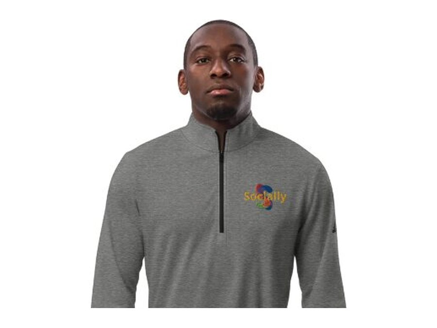 Grey Adidas quarter-zip pullover with the Socially logo embroidered on the chest