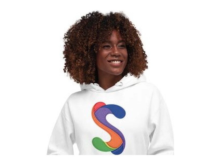 White Socially hoodie with the large multicolour S centred on the chest