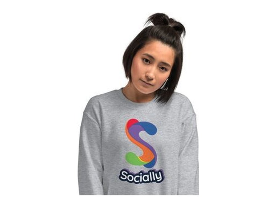 Grey Socially crewneck sweatshirt with the S logo and wordmark on the chest