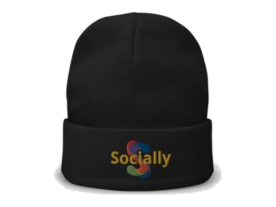Black cuffed beanie with the Socially wordmark embroidered on the cuff