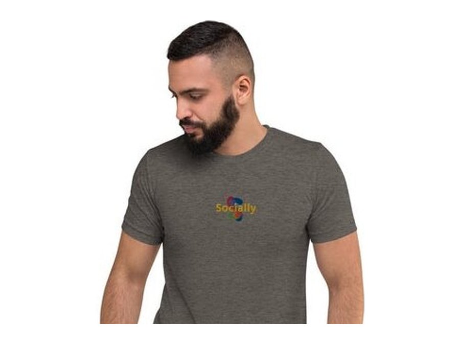 Heather grey Socially tee with the Socially logo embroidered on the chest