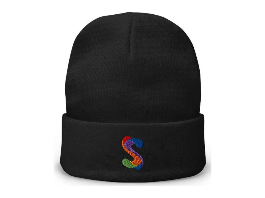 Black cuffed beanie with the multicolour S embroidered on the cuff